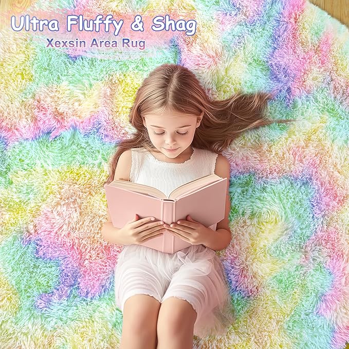 Round Fluffy Rugs 8Ft for Girls Bedroom, Rainbow Shag Circle Kids Rug Non-Slip for Bedside Dorm Nursery Playroom, Soft Cute Area Rugs for Living Room Decor