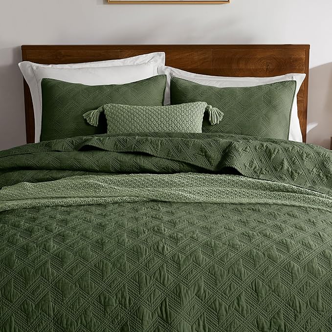 WDCOZY 100% Cotton Twin Size Quilt Set - Olive Green Pre-Washed Soft Lightweight Modern Bedspread, Farmhouse Country Rustic Coverlet, Textured Like Linen, Shabby Chic Gauze Bedding, 2 Pieces