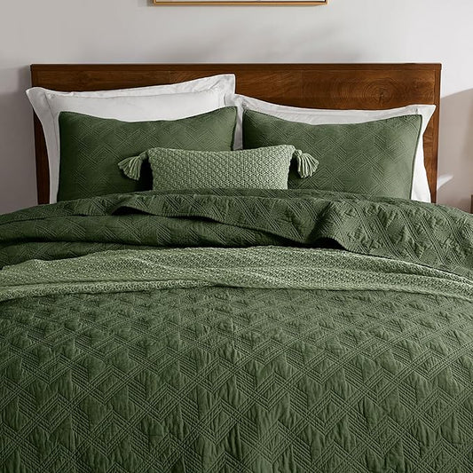WDCOZY 100% Cotton Twin Size Quilt Set - Olive Green Pre-Washed Soft Lightweight Modern Bedspread, Farmhouse Country Rustic Coverlet, Textured Like Linen, Shabby Chic Gauze Bedding, 2 Pieces