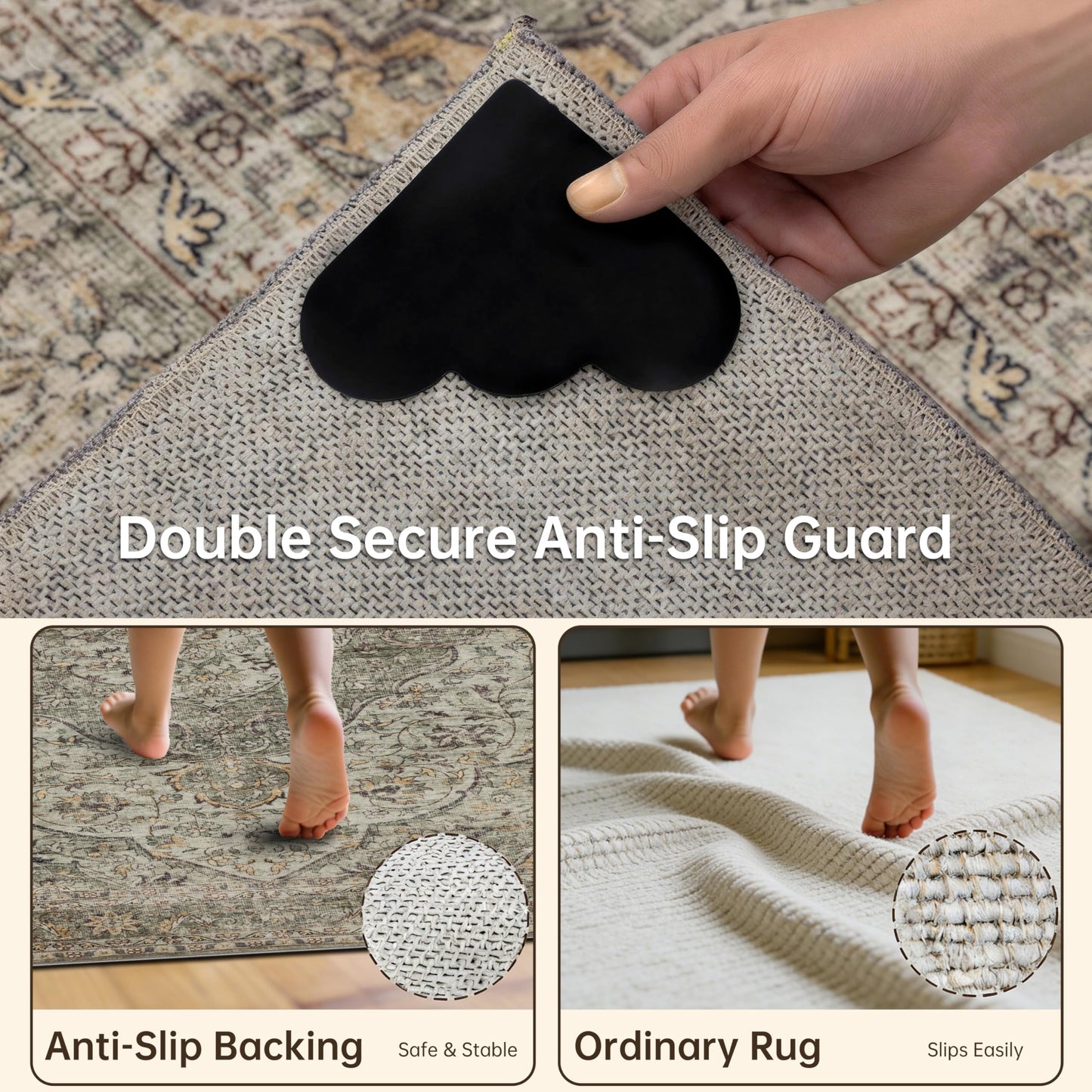 RCTJHOME 5x7 Washable Vintage Area Rugs, Double Non-Slip Low Pile Rug Taupe