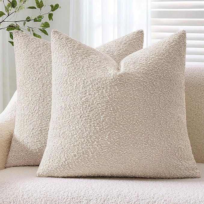 ANRODUO Pack of 2 Textured Boucle Throw Pillow Covers Soft Oatmeal Euro Decorative Accent Solid Pillow Cases Cozy Modern Couch Cushion Case for Chair Sofa Bedroom Living Room Home Decor, 26 x 26 Inch