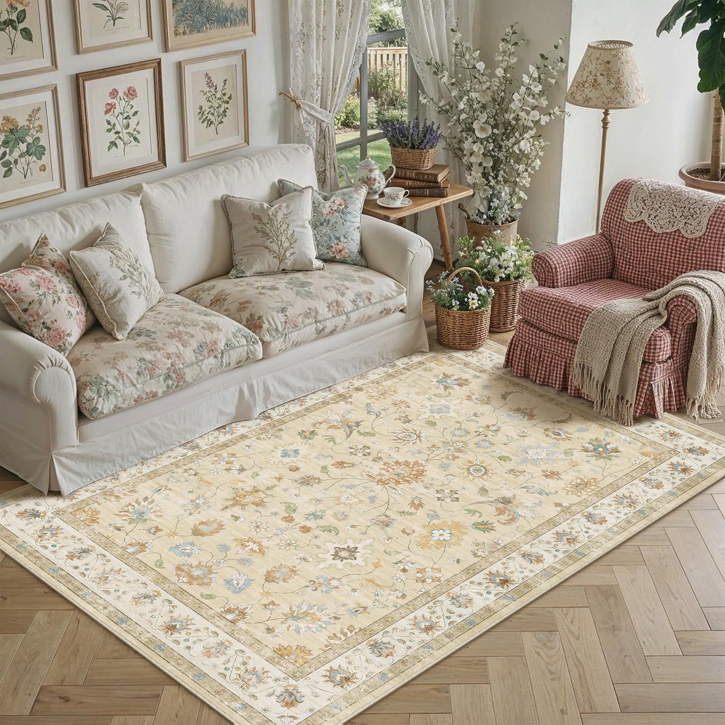 HUGEAR Area Rug 5x7 Vintage Beige Machine Washable Living Room Rugs Distressed Retro Floral Vacuumable Low Pile Carpet Bedroom Office Dining Farmhouse Playroom Non Slip