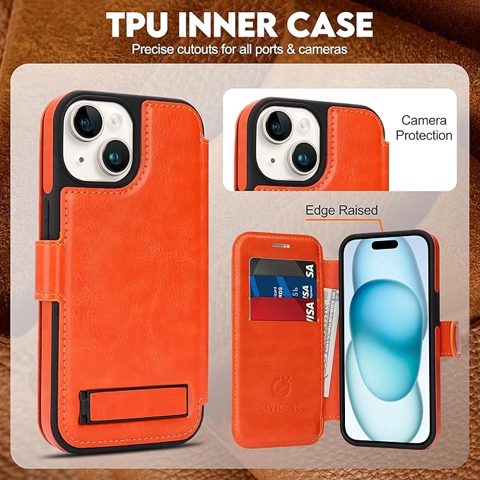 CIVICASE for iPhone 13/iPhone 14 Wallet Case with Stand,PU Leather Flip Credit Card Holder Slots (RFID Blocking),Compatible with Magsafe Magnetic Holder Phone Cover Women Men,Orange