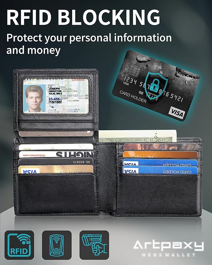 Artpaxy Mens Wallet Bifold Genuine Leather RFID Blocking Wallet for Men with 2 ID Windows 12 Card Holders 2 cash pockets 1 Gift Box