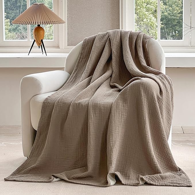 FALUCA Cotton Muslin Reversible Blanket King Size for Bed, Couch, Four Layers Blanket, Soft Lightweight Cozy Breathable Farmhouse Decoration for All-Season, Brown