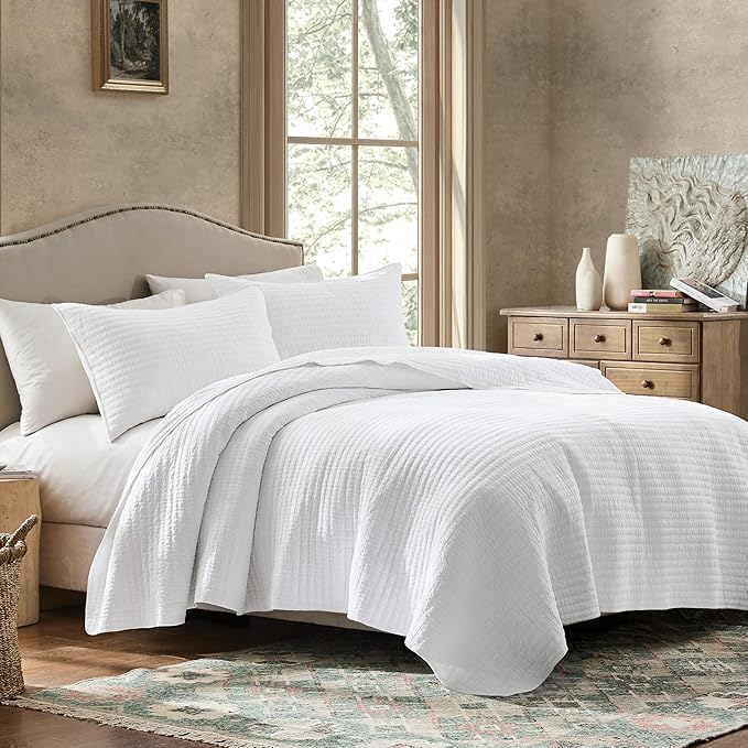 WDCOZY 100% Cotton Queen Size Quilt Set - White Striped Pick Stitch Soft Lightweight Bedspread, Textured Like Linen, Farmhouse Country Rustic Coverlet, Shabby Chic Gauze Bedding, 3 Pieces