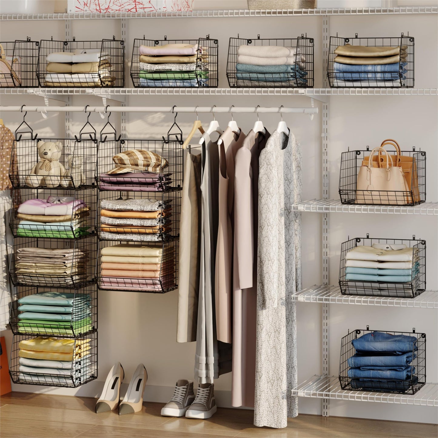 X-cosrack 5 Tier Closet Hanging Organizer, Clothes Hanging Shelves with 4 Hanging Hooks 5 S Hooks, Wire Storage Basket Bins, for Clothing Sweaters Shoes Handbags Clutches Accessories Patent Design