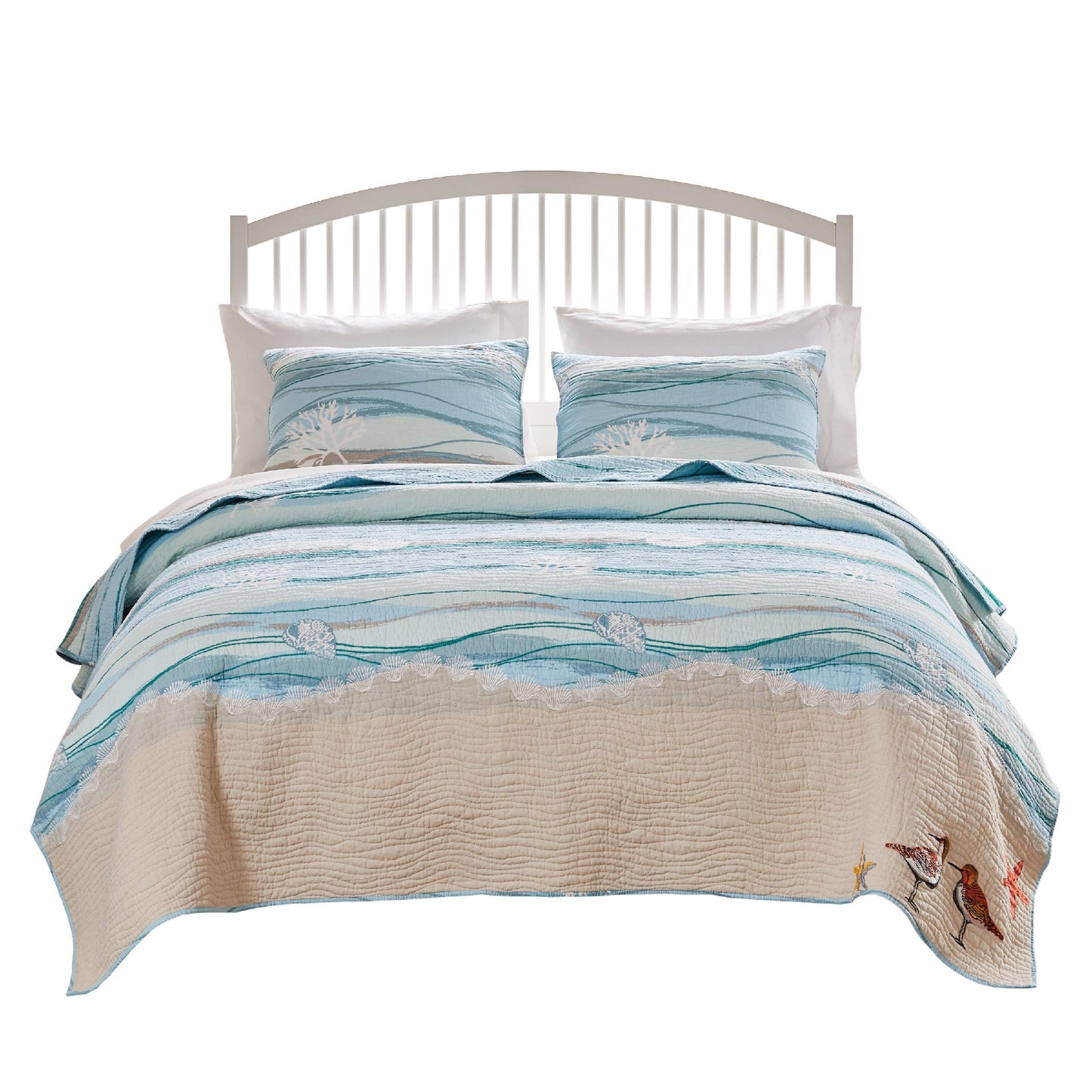 Greenland Home Maui Embroidered Coastal Quilt Set, Full/Queen (3-Piece)
