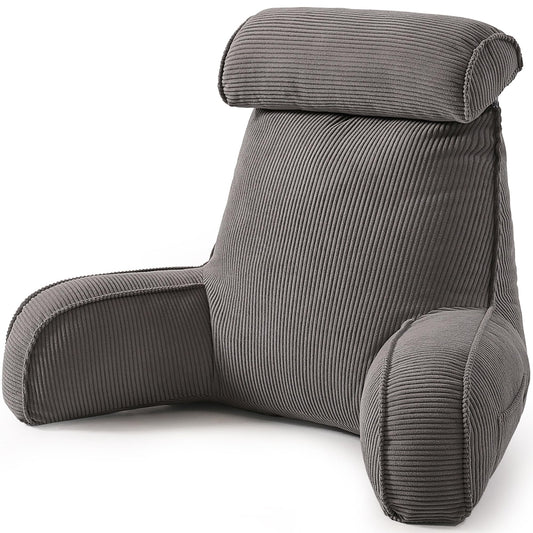 Ailuteie Reading Pillow for Sitting Up in Bed, Sofa & Floor – Corduroy Backrest Pillow with Arms, Side Pockets & Washable Cover, Bed Rest Pillow Back Support, Dark Grey