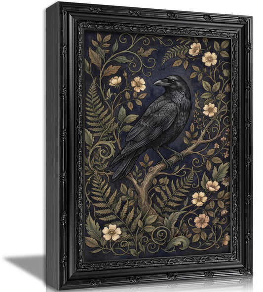 Black Framed Botanical Black Crow Canvas Wall Art, Vintage Gothic Raven on Wild Flower Branch Painting Print, Dark Academia Cottagecore Wall Decor for Bedroom living room Home Deocr Gift