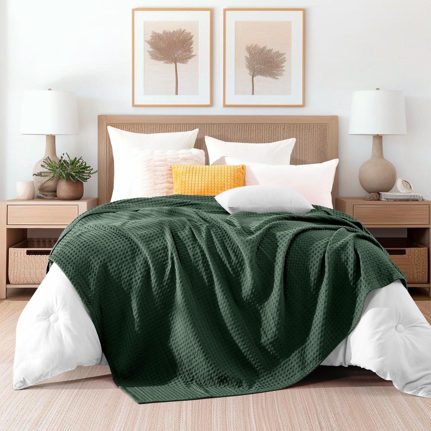 Elegant Comfort Premium 100% Cotton Waffle Blanket - Lightweight Breathable Waffle Weave Bed Blanket - Soft and Warm All Season Blanket for Couch, Sofa and Bed, King Size 90x108 Inches, Hunter Green