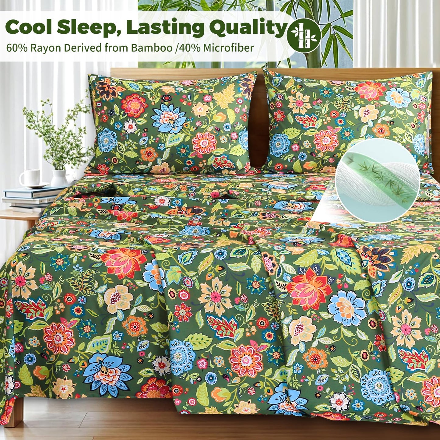 Bedlifes Extra Deep Pocket 18-24" Queen 4-Piece Sheet Set - Cooling Sheets Blend Rayon Derived from Bamboo Soft & Breathable Floral Dark Green