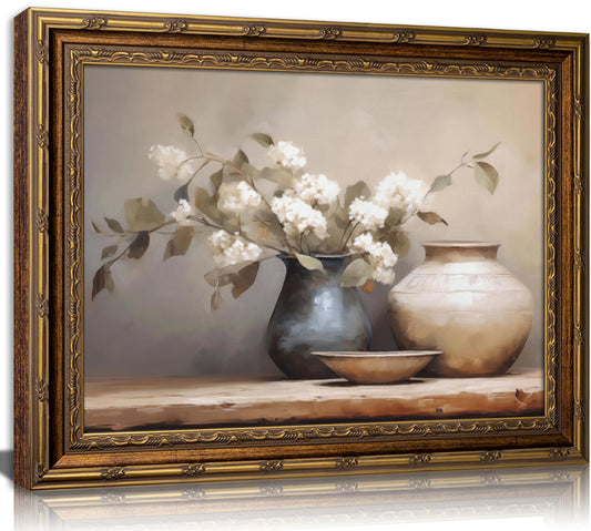Vintage Gold Framed Canvas Wall Art Muted Hydrangea Flower Art Prints Hydrangeas in Vintage Vase Painting Pictures Pottery Still Life Floral Poster Artwork for Bedroom Living Room Wall Decor