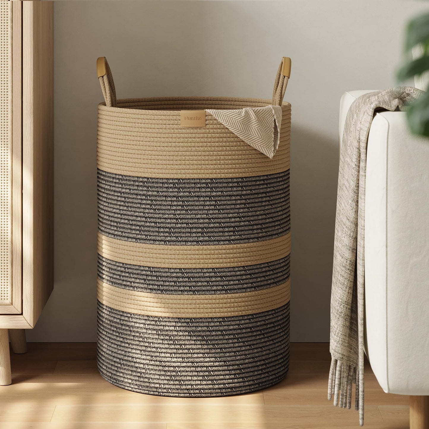 Nunsino 95L Striped Laundry Hamper with Leather Handles,Large Foldable Laundry Basket for Clothes,Cotton Rope Storage Bin for Blankets,Woven Clothes Basket for Bedroom,Dark Brown Stripes