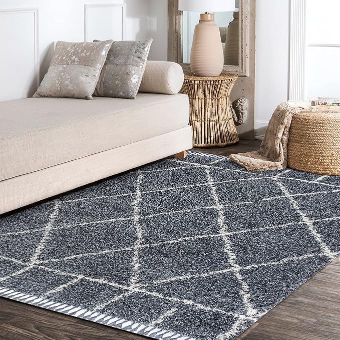 JONATHAN Y Mercer Shag Plush Tassel Blue/Cream Indoor Area Rug, 5x8, Moroccan Geometric Trellis, Easy-Cleaning for Living Room, Bedroom, Kitchen, Pet Friendly, Non-Shedding (MCR101A-5)