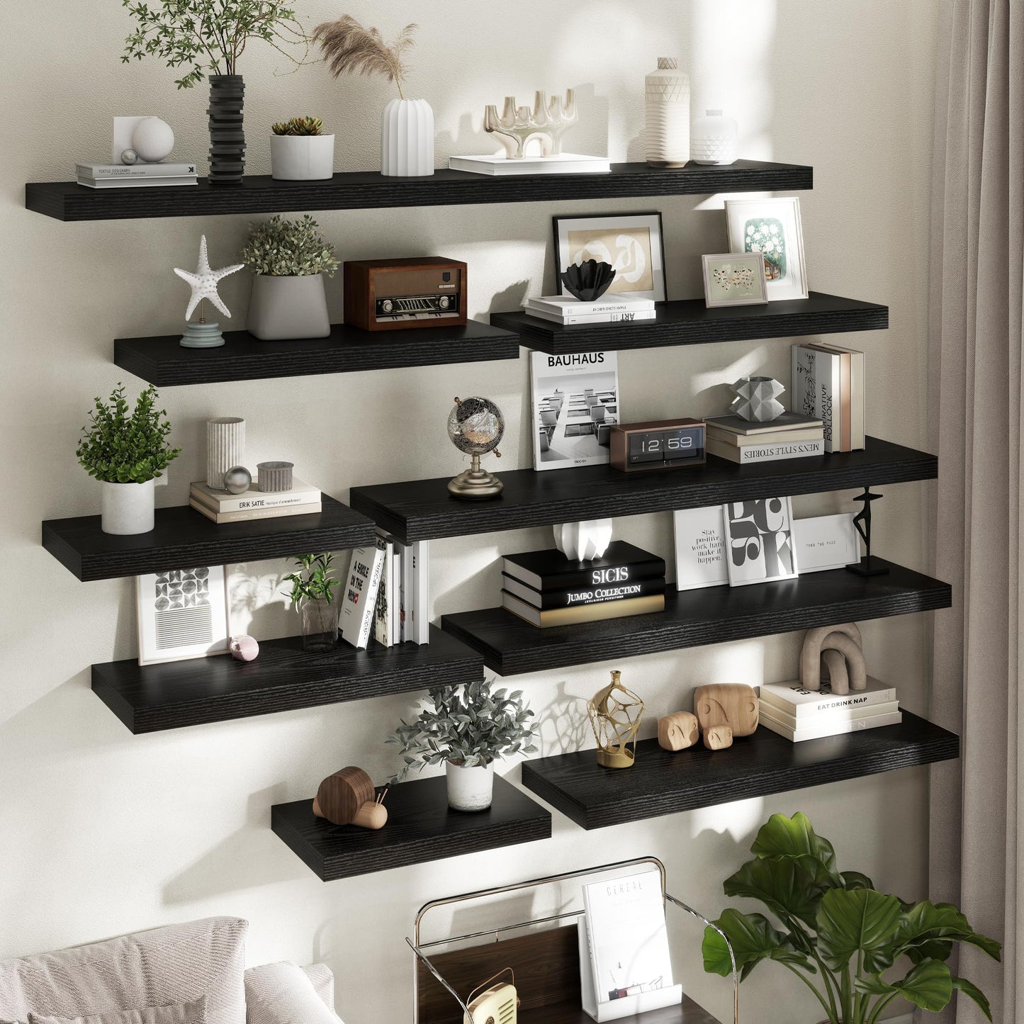 12 Inch Deep Floating Shelves for Wall, 24 x 12 Rustic Wood Grain Bathroom Shelves with Invisible Brackets, Easy Install Wood Storage Shelves for Kitchen, Living Room, Bedroom, Black, Set of 2