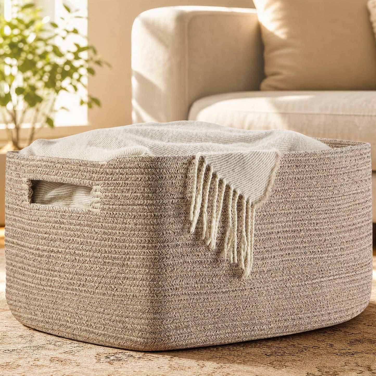 Optish 75L Large Blanket Basket, Woven Rope Storage Basket with Handles for Organizing Clothes and Toys for Bedroom, Bathroom, Nursery, Decorative Storage Bin, 22” x 17” x 11.5”, Brown
