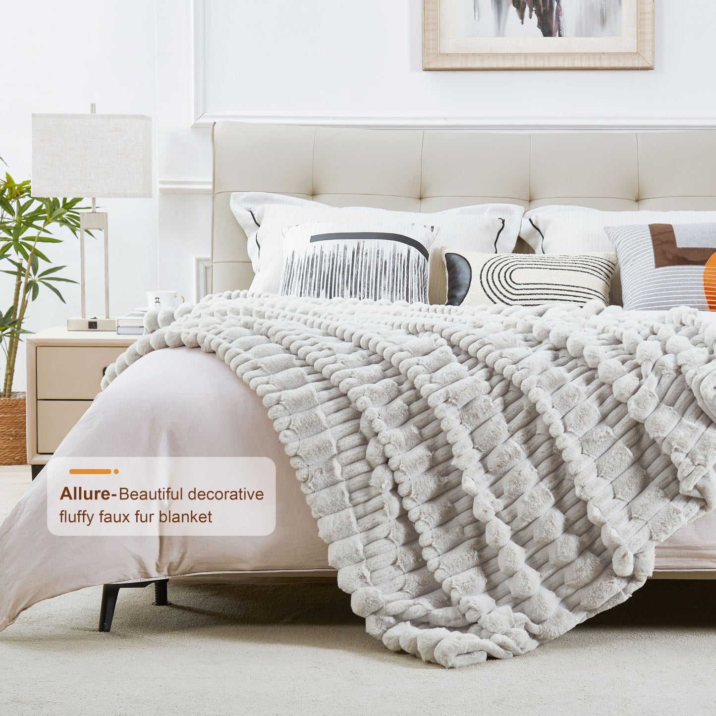 JONIYEAR Soft Fluffy Striped Faux Rabbit Fur Throw Blanket for Couch 50" x 60", Decorative 3D Geometric Warm Fuzzy Fur Blankets for Winter, Reversible Shaggy Accent Cozy Furry Blanket for Sofa, Grey