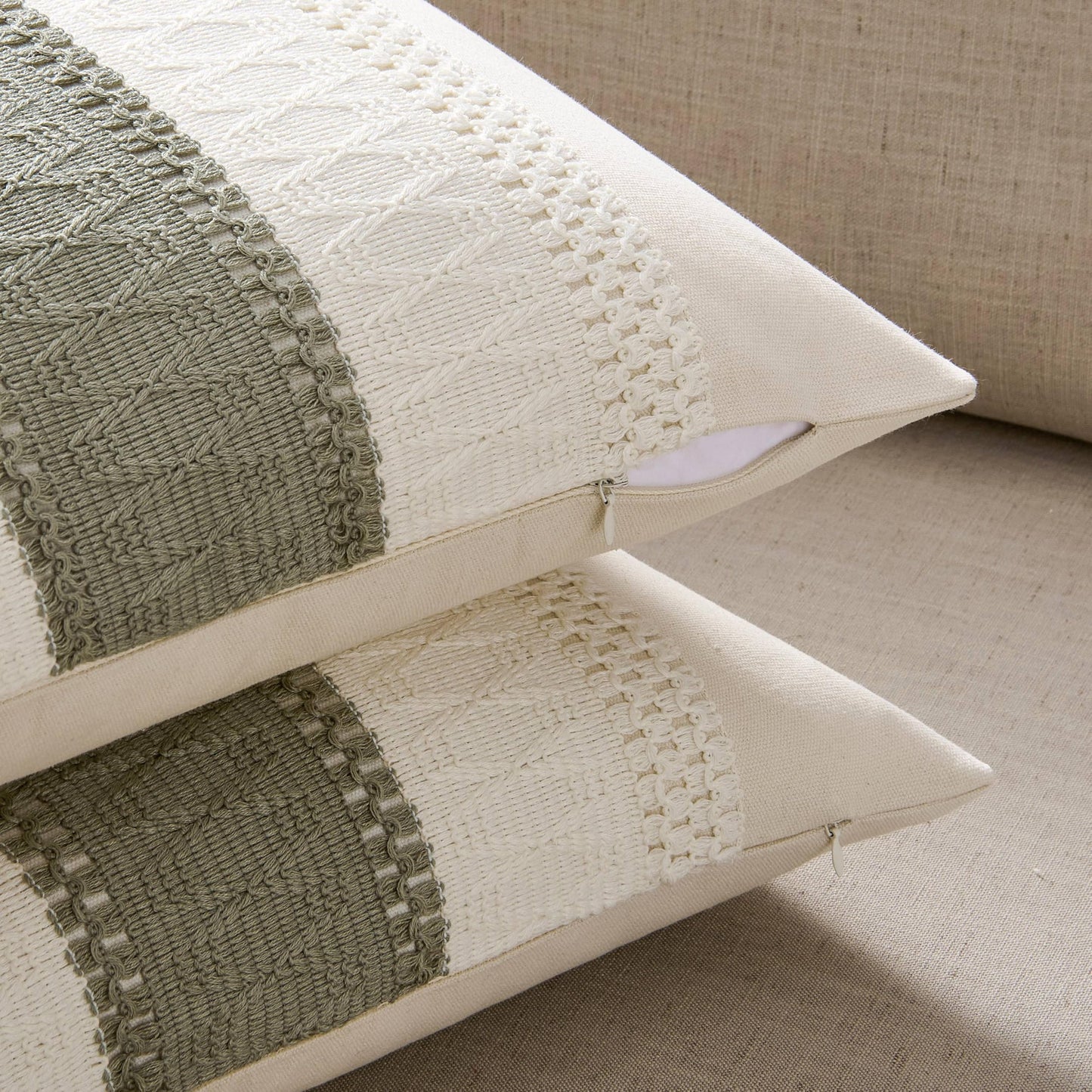 ZeeMart 2 Packs Cotton Boho Throw Pillow Covers 18x18 Inch Contrast Dark Sage, Soft Farmhouse Decorative Couch Pillow Cases Sage Green Cushion Covers for Sofa Bed Living Room Home Decor