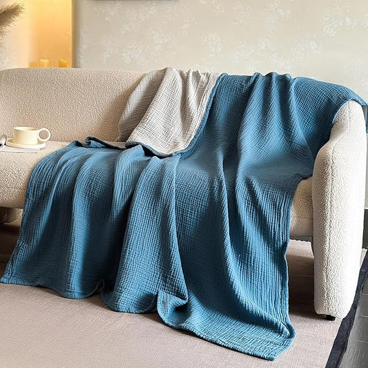 FALUCA Cotton Muslin Reversible Blanket 50x60 Inches for Bed, Couch, Four Layers Blanket, Soft Lightweight Cozy Breathable Farmhouse Decoration for All-Season, Light Blue