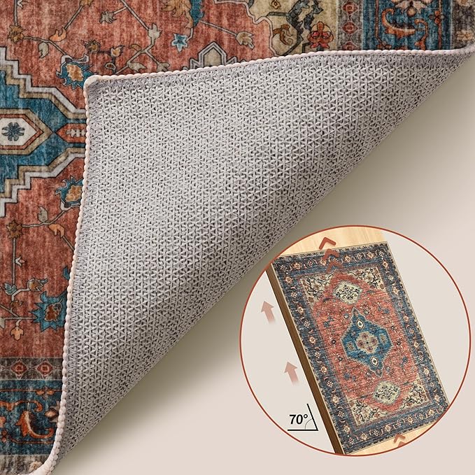 Tangsoo Oriental Washable Entryway Rugs Terracotta 2x3 Non Slip Small Area Rug, Vintage Indoor Front Door Rug, Print Door Mat Indoor Entrance Soft Low Pile Throw Rug for Entry Kitchen Bedroom