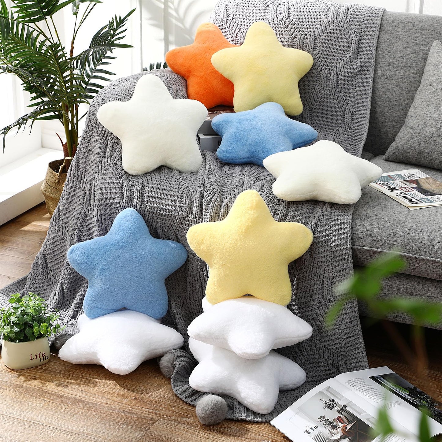 Beeveer 2 Pcs 11 Inch Star Pillow Decorative Star Shaped Throw Pillow Gift Cute Aesthetic Soft Plush Floor Cushions Room Decor for Bedroom Living Room Sofa Bed(Beige)