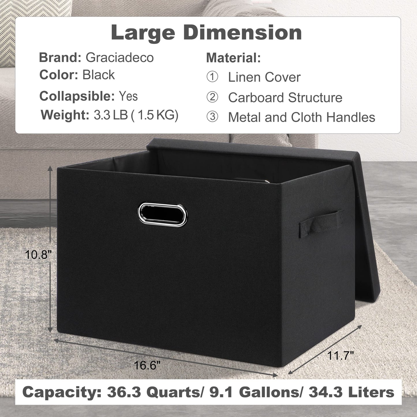 Graciadeco Large 17" 36 Quart Collapsible Stackable Storage Bins with Lids, 3 Packs Black Linen Fabric Closet Boxes with Lids, Storage Cube Baskets Container Organizers for Bedroom Office(17 x12 x11)