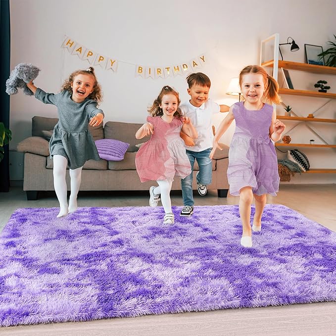 Large 9x12 Area Rug for Living Room, Soft Shag Thick Fluffy Carpet for Bedroom, Plush Fuzzy for Girls Boys Kids Room Non Slip Dorm Home Decor Aesthetic, Tie-Dyed Purple