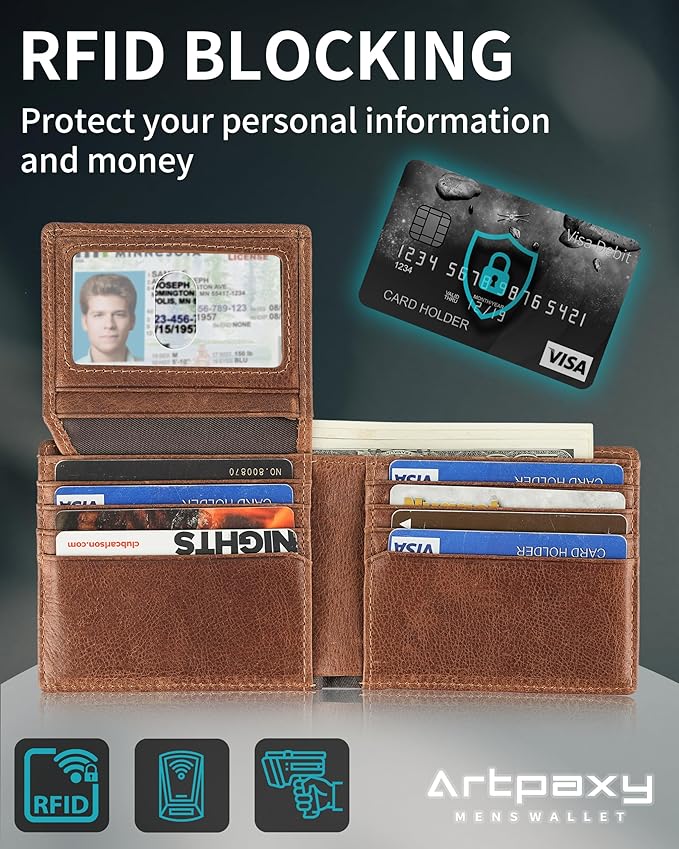 Artpaxy Mens Wallet Genuine Leather Bifold RFID Blocking Wallet for Men with 2 ID Windows 12 Card Holders 2 cash pockets 1 Gift Box