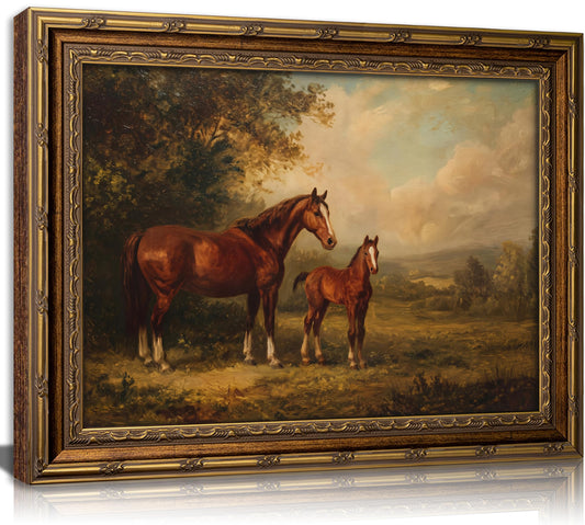 Vintage Gold Framed brown Horse Wall Art, Serene Mother and Foal Oil Wall Decor, Farmhouse Retro landscape Picture Poster, Rustic Animal Canvas Print Artwork for Living Room Bedroom Office Dorm