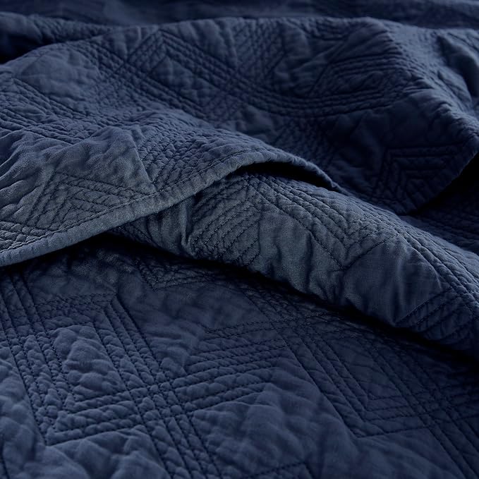 WDCOZY 100% Cotton Twin Size Quilt Set - Navy Blue Pre-Washed Soft Lightweight Modern Bedspread, Farmhouse Country Rustic Coverlet, Textured Like Linen, Shabby Chic Gauze Bedding, 2 Pieces