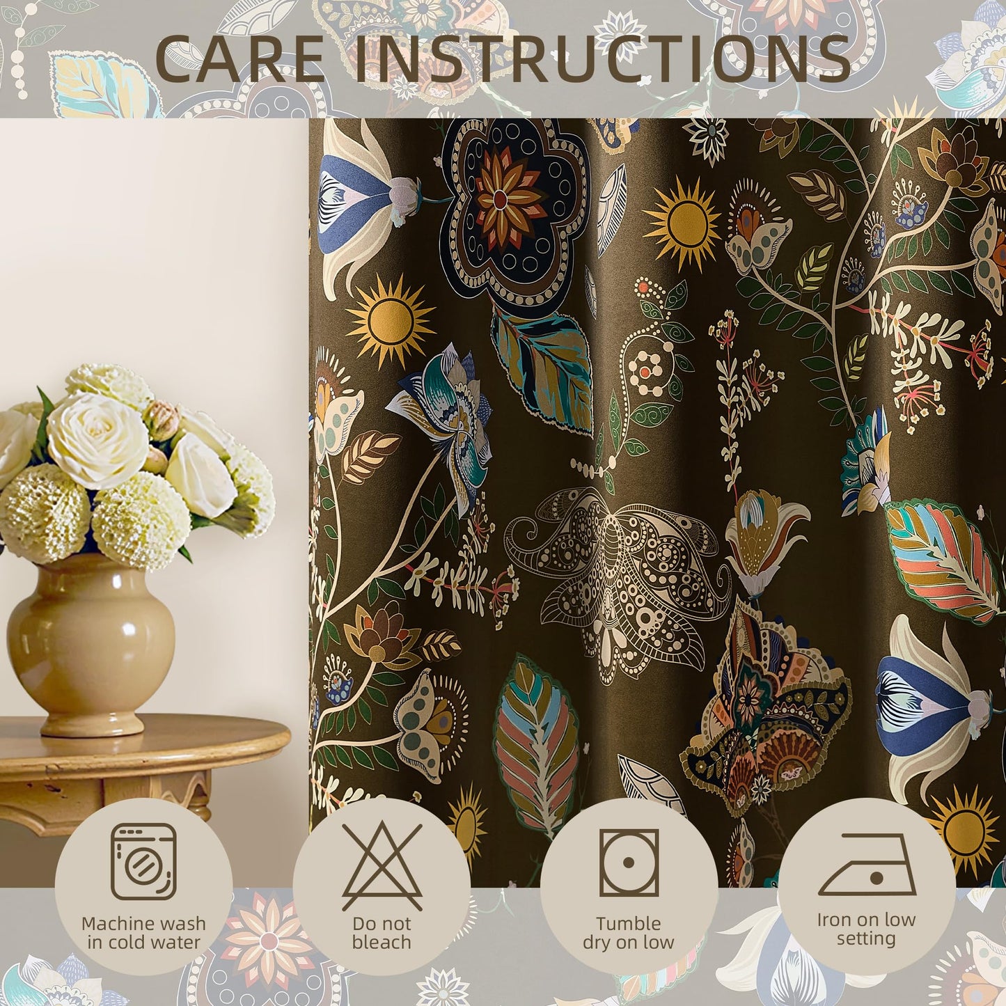 XiDi Floral Curtains 100% Blackout Vintage Patterned Black Out Curtain 63 Inches Long Thermal Insulated Window Drapes 2 Panels Grommet Room Darkening Curtain for Living Room Bedroom Olive Green 52x63