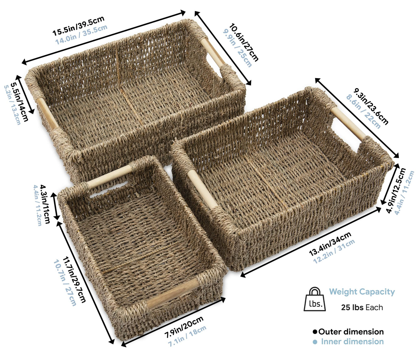VATIMA Seagrass Baskets with Wooden Handles, Set of 3 Decorative Natural Wicker Baskets for Kitchen