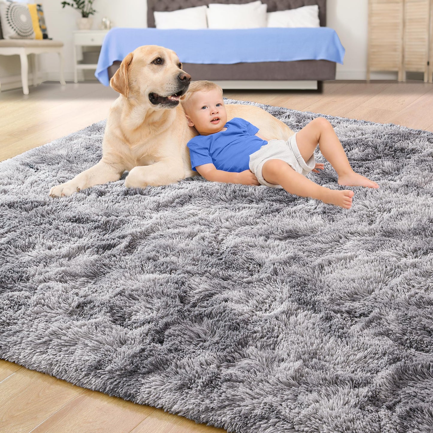 Tepook Area Rugs 10x14 for Living Room, Super Soft Fluffy Rugs for Bedroom, Modern Shaggy Rug Fuzzy Carpets for Kids, Plush Indoor Nursery Home Decor Rug with Non-Slip Bottom, Tie-Dyed Light Grey