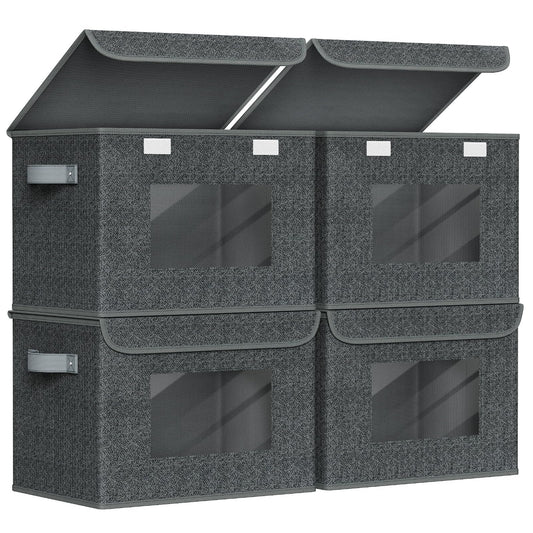 Univivi Fabric Foldable Storage Boxes with Lids [4-Pack] Large Stackable Storage Bins, Closet Organizers and Storage Cube Storage Organizer for Home, Office, Bedroom (Black, 17“ x 12” x 12")