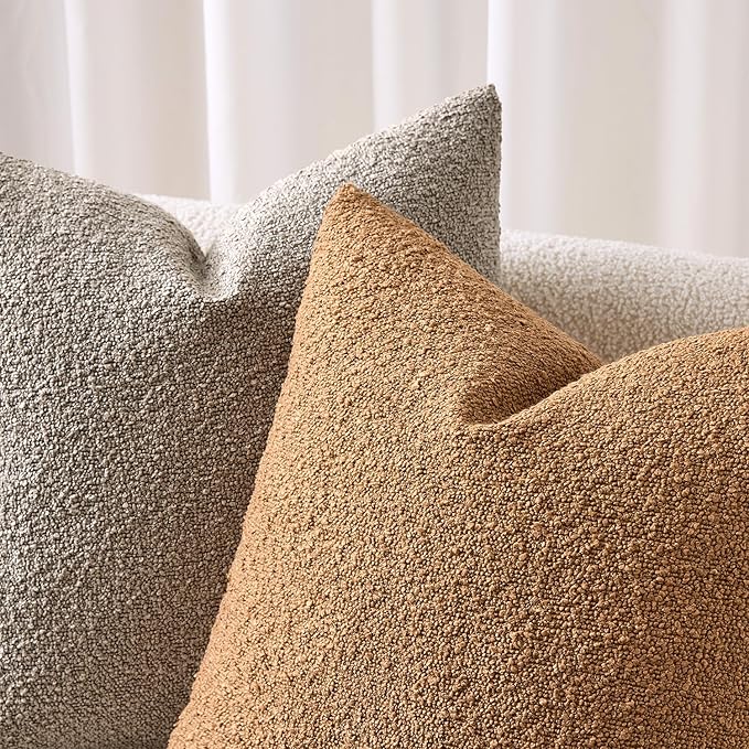 ANRODUO Pack of 2 Textured Boucle Throw Pillow Covers Soft Light Taupe Euro Decorative Accent Solid Pillow Cases Cozy Modern Couch Cushion Case for Sofa Bedroom Living Room Home Decor, 22 x 22 Inch