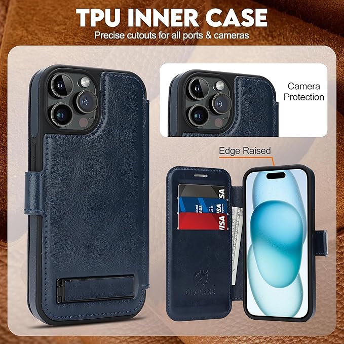 CIVICASE for iPhone 13 Pro Max Wallet Case with Stand,PU Leather Flip Credit Card Holder Slots (RFID Blocking),Compatible with Magsafe Magnetic Holder Phone Cover Women Men,Blue