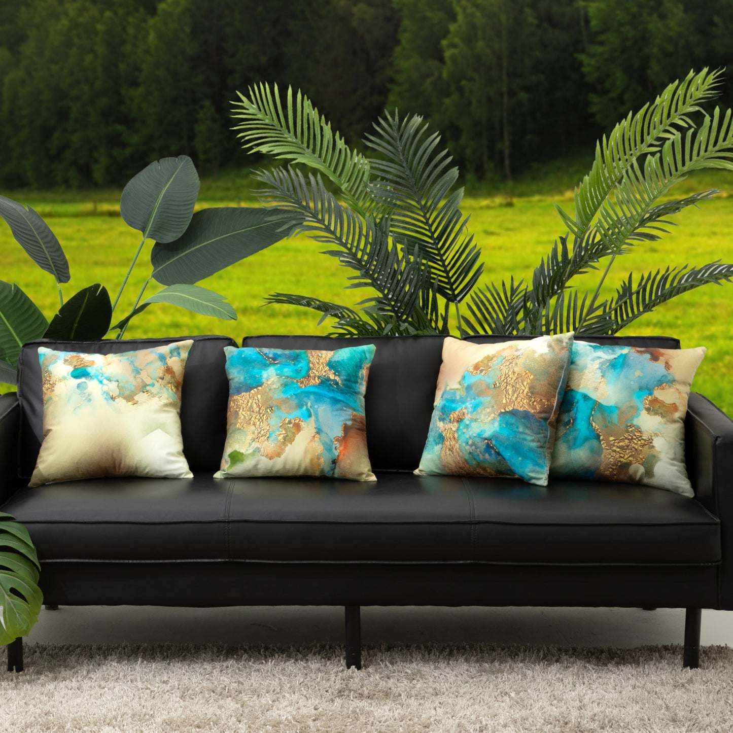 HOSTECCO Teal and Gold Throw Pillow Covers 18x18 inch Set of 4 Turquoise Gold Abstract Pillow Cases Modern Decorative Cushion Covers for Sofa Couch