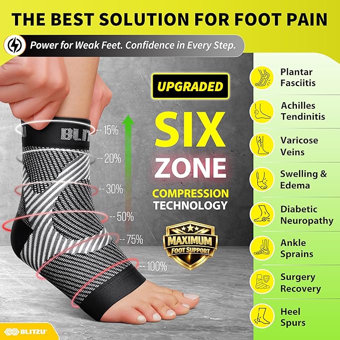 BLITZU Foot Compression Sleeve Plantar Fasciitis Relief Socks Women Ankle Sleeve Support Foot Support for Pain Compression Socks Black XXL