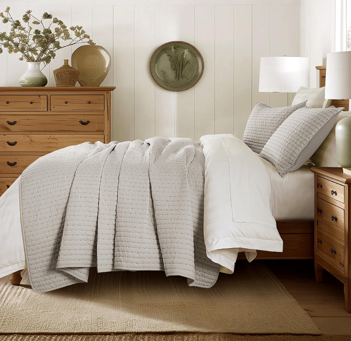 COOLXTRA Lightweight Quilted Bedspread Quilt Set, Pre-Washed Brushed Microfiber, Handmade-Look Stitching, All-Season Decorative Coverlet with 2 Pillow Shams, King, Grey