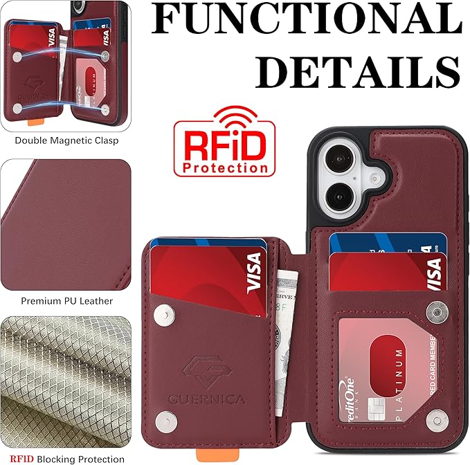 GUERNICA for iPhone 17 (6.1") Case Wallet with Card Holder, RFID Blocking Leather Protection, Shockproof Women Men Phone Case for Apple 17, Wine Red