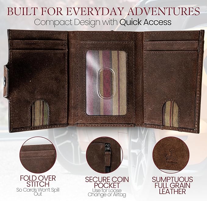 BULL GUARD Trifold RFID Blocking Front Pocket Wallet for Men, Secure Card Slots & Coin Pocket, Durable Full Grain Leather Craftmanship in Crazy Horse