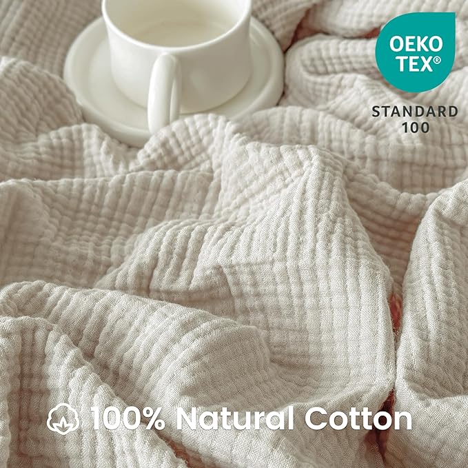 FALUCA Cotton Muslin Reversible Blanket 50x60 Inches for Bed, Couch, Four Layers Blanket, Soft Lightweight Cozy Breathable Farmhouse Decoration for All-Season, Khaki
