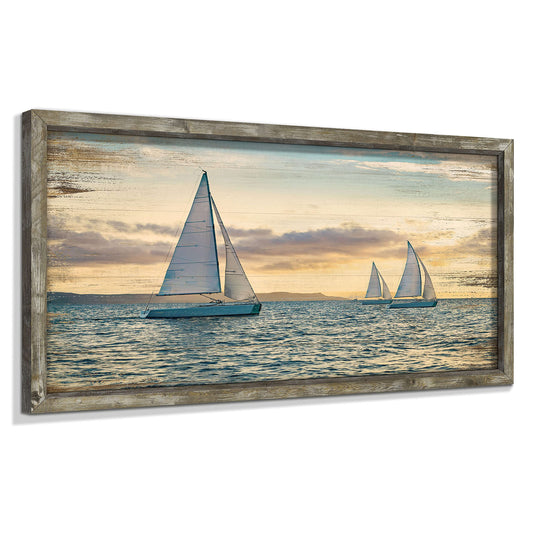 Coastal Framed Wooden Wall Art: Ocean Painting Art Sail Boats Artwork Decor Sunset Seascape Picture Prints for Bedroom 24"x12"