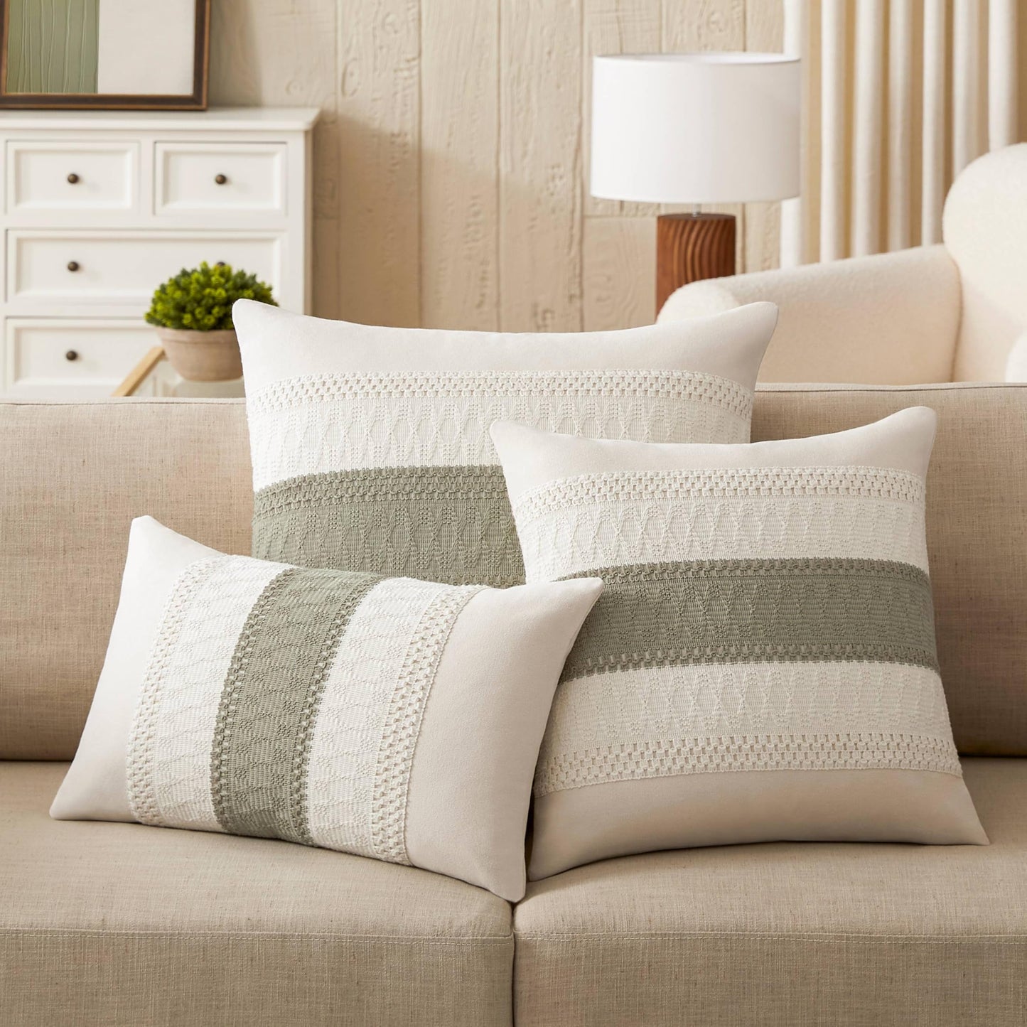 ZeeMart 2 Packs Cotton Boho Throw Pillow Covers 18x18 Inch Contrast Dark Sage, Soft Farmhouse Decorative Couch Pillow Cases Sage Green Cushion Covers for Sofa Bed Living Room Home Decor