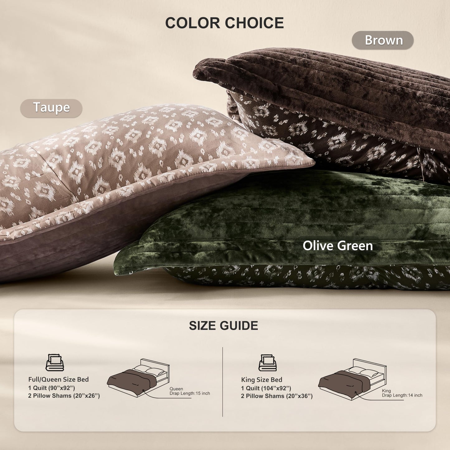 WDCOZY Brown Velvet Queen Size Quilt Set - Striped Soft Lightweight Bedspread, Neutral Channel Farmhouse Country Rustic Coverlet, Modern Bedding Warm Thin Comforter