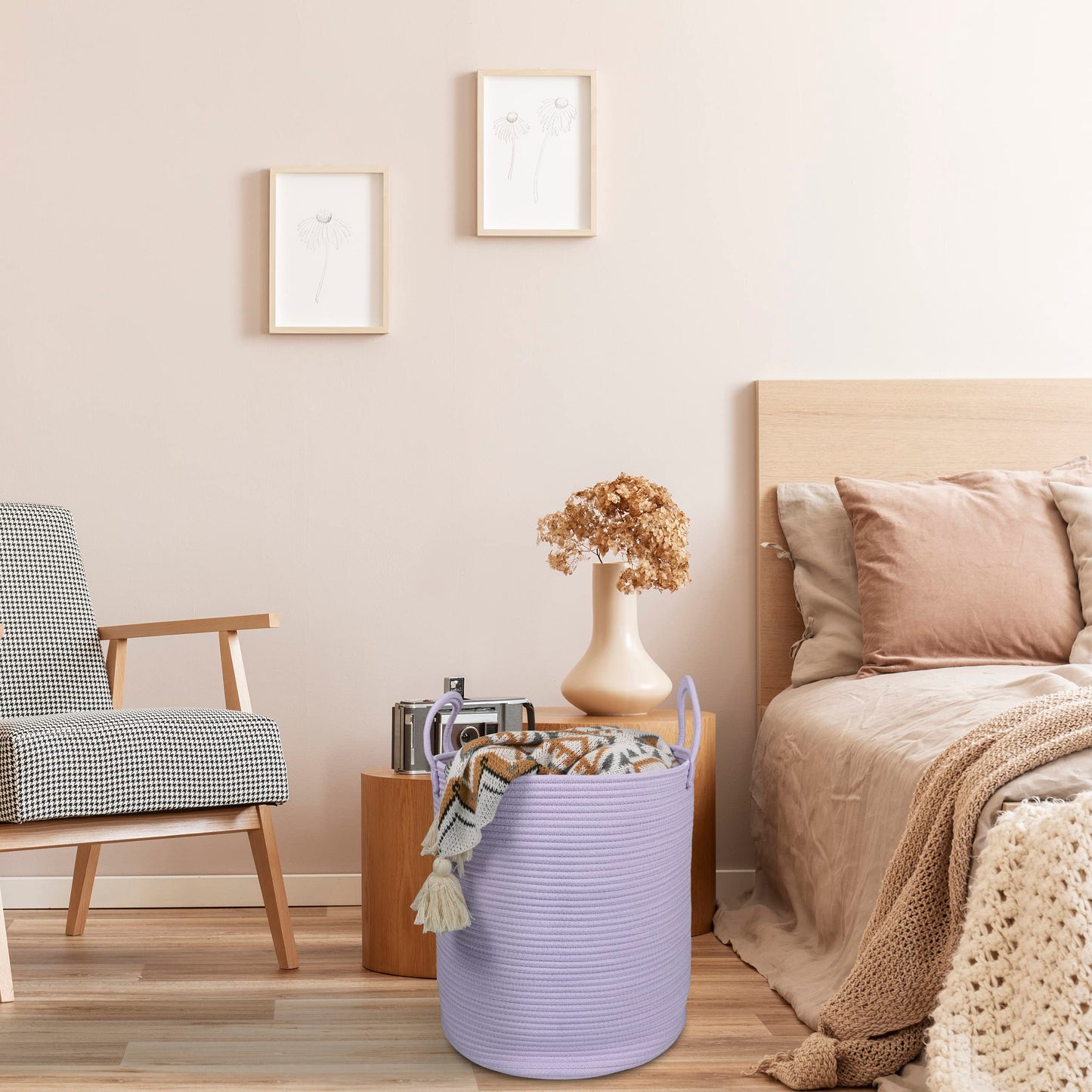 XUANGUO Rope Laundry Basket Hamper for Clothes Woven Storage Basket for Living Room Bedroom Boho Tall Rope Baskets for Blanket Toys Pillow Towels Baby Nursery Hamper Bin Large purple or lavender