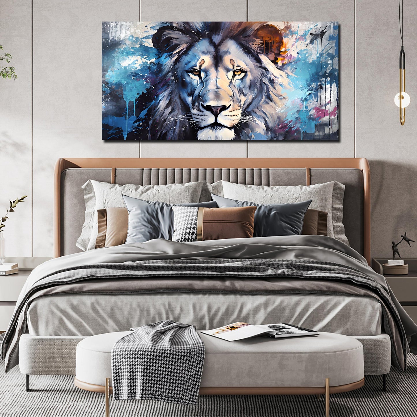 ENTANUB Lion Canvas Wall Art for Living Room, Blue Print Painting for Bedroom, Animal Picture Decor, Large Size 48x24 Inches