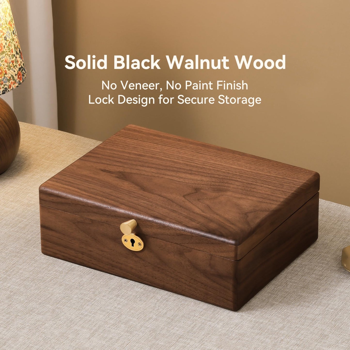 Black Walnut Wooden Jewelry Box with Lock, 2 Layer Natural Solid Wood Jewelry Organizer with Removable Tray, Velvet Lined Storage for Necklace Ring Earrings Watch Bracelet, Gifts for Mom Women Girl