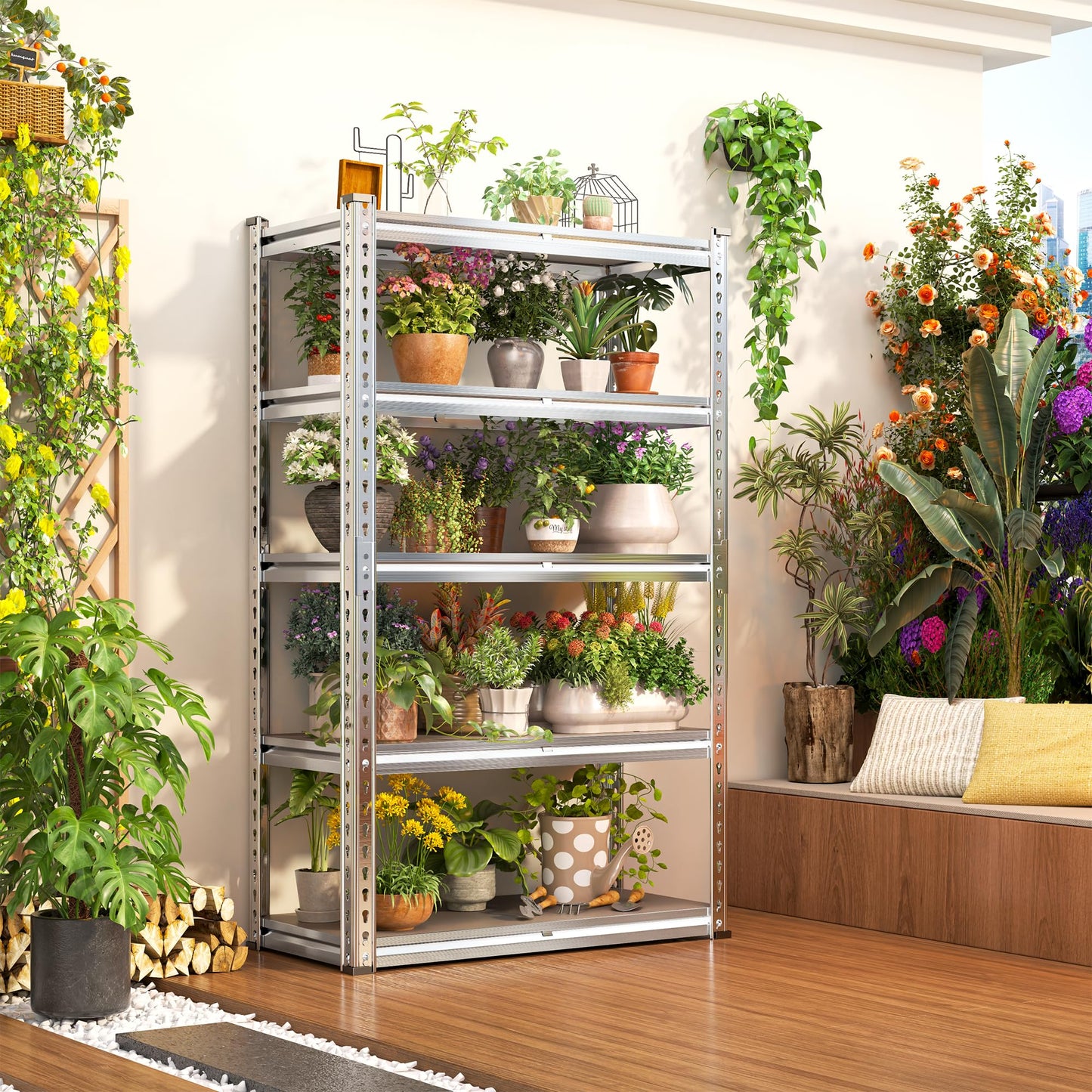 Romorgniz Plant Shelf, Waterproof & Rustproof Metal Shelving with PP Broad Outdoor, 2000Lbs Adjustable Galvanized Plant Shelf for Patio Gardening Closet Kitchen Basement, 60" H x 27.5" W x 11.8" D